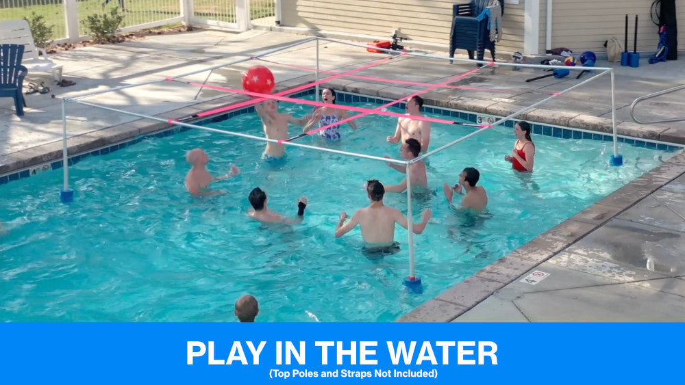 People playing 9 square in the water with texts that says "play in the water". Top poles and straps not included
