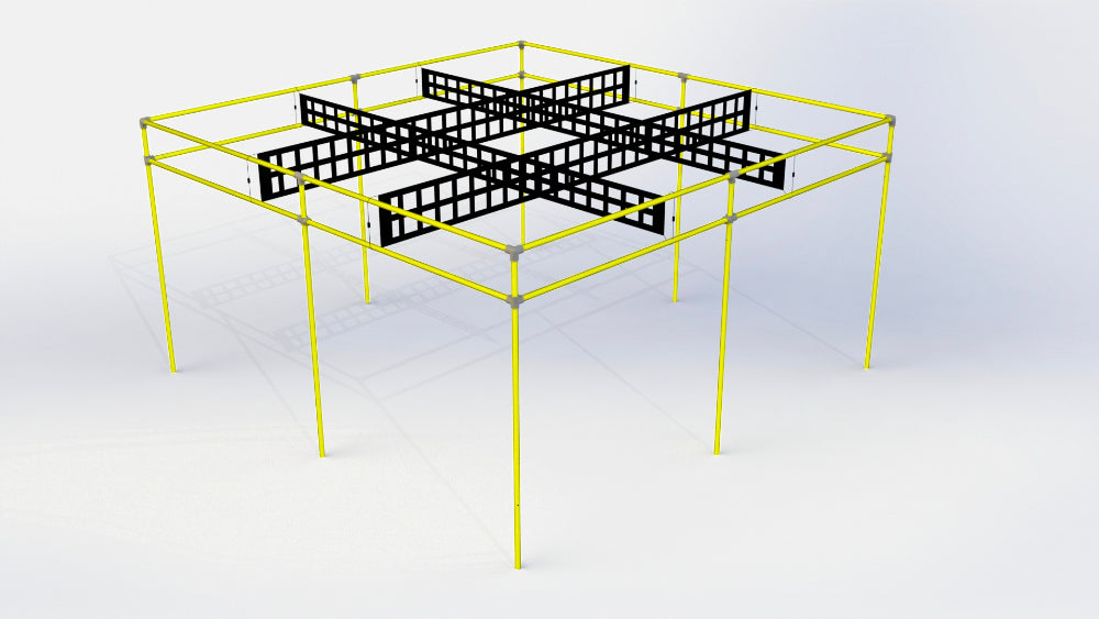 yellow poles with black nets permanent 9 square set