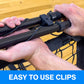 hands clipping infinets sports nets together. Text underneath the photo says, "easy to use clips"